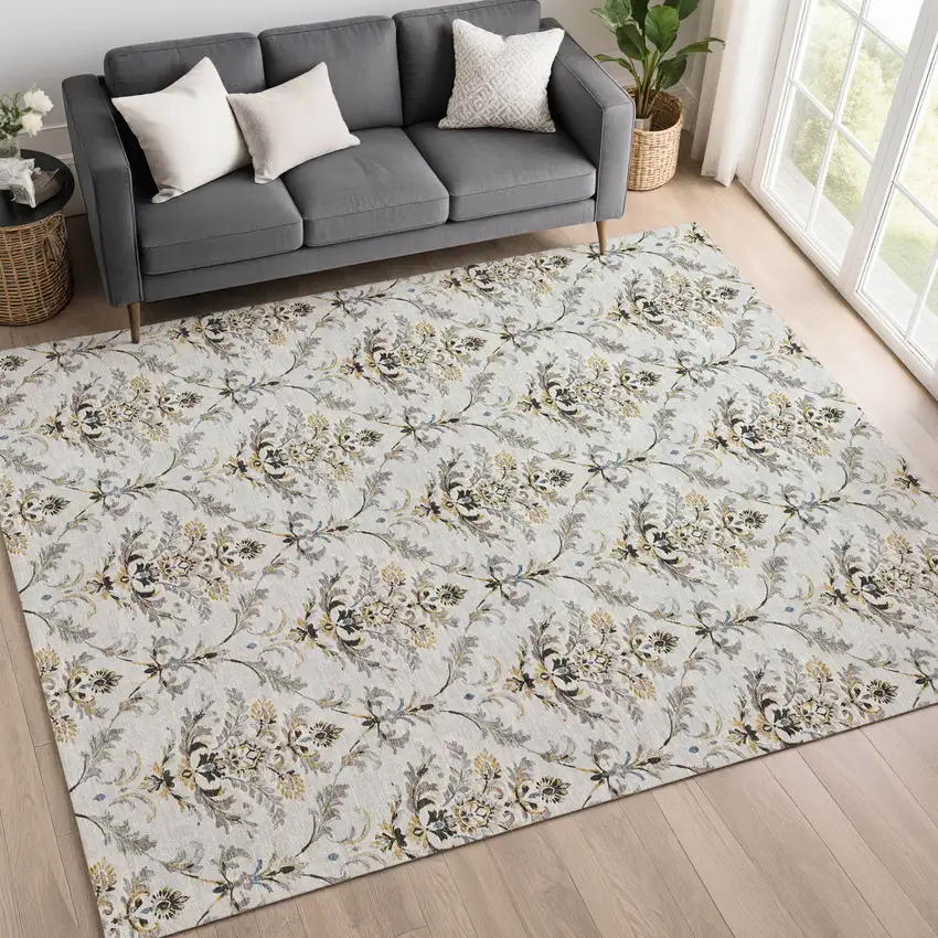 Silver Blue And Gray Damask Washable Indoor Outdoor Area Rug Photo 9