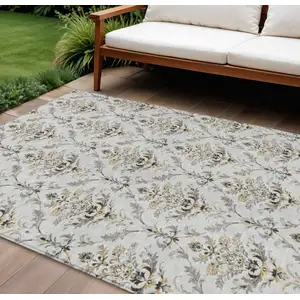 Photo of Silver Blue And Gray Damask Washable Indoor Outdoor Area Rug