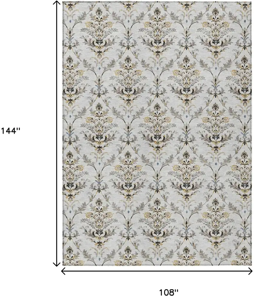 Silver Blue And Gray Damask Washable Indoor Outdoor Area Rug Photo 3
