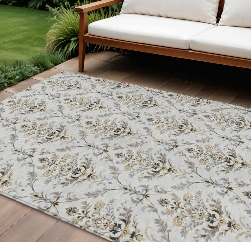 Silver Blue And Gray Damask Washable Indoor Outdoor Area Rug Photo 1
