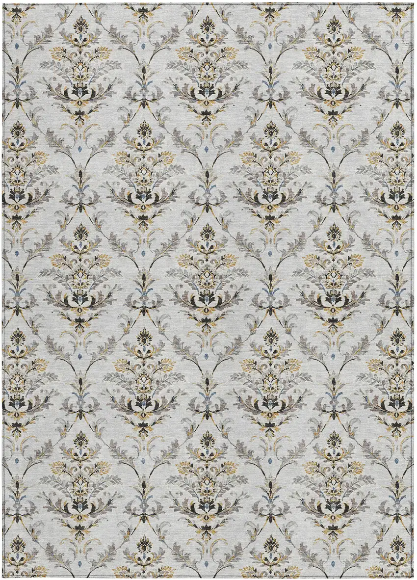 Silver Blue And Gray Damask Washable Indoor Outdoor Area Rug Photo 5