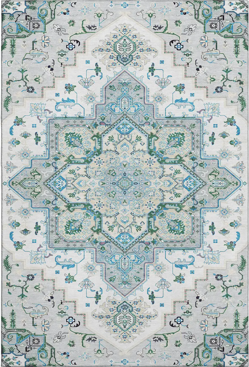 Silver Blue And Ivory Oriental Washable Area Rug With UV Protection Photo 1