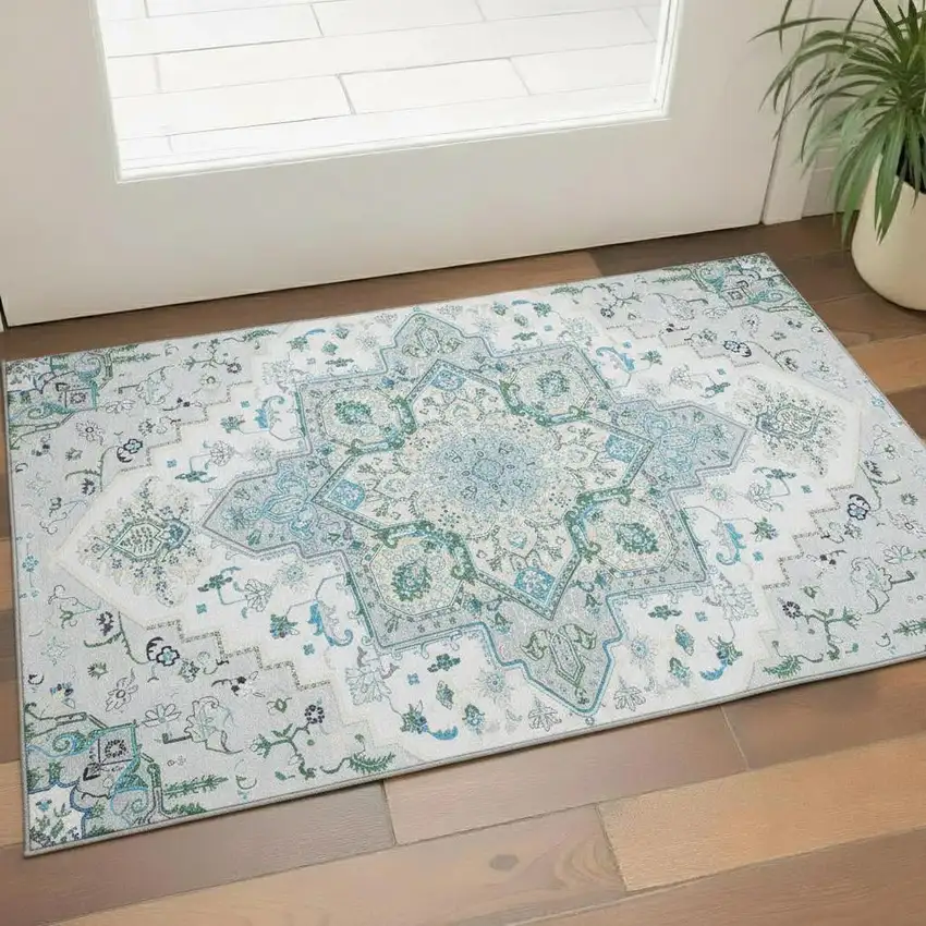 Silver Blue And Ivory Oriental Washable Area Rug With UV Protection Photo 2