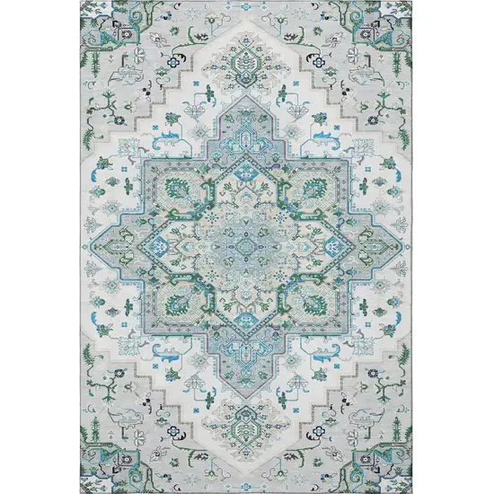 Silver Blue And Ivory Oriental Washable Area Rug With UV Protection Photo 3