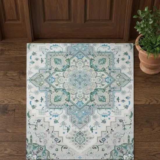 Silver Blue And Ivory Oriental Washable Area Rug With UV Protection Photo 1