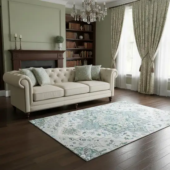 Silver Blue And Ivory Oriental Washable Area Rug With UV Protection Photo 2