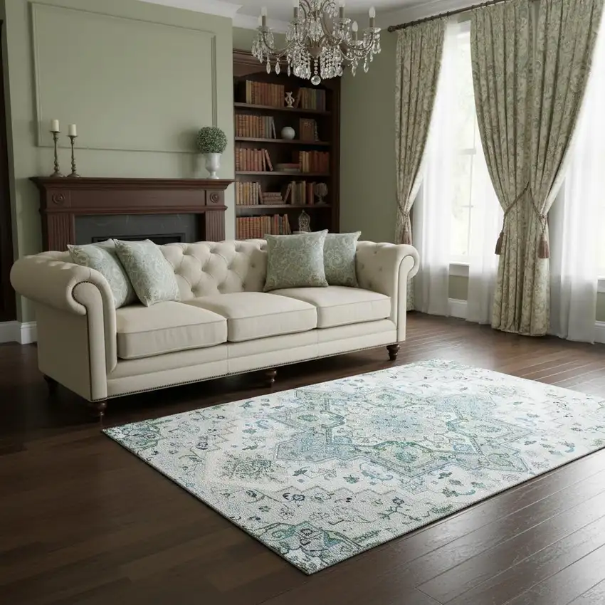 Silver Blue And Ivory Oriental Washable Area Rug With UV Protection Photo 2