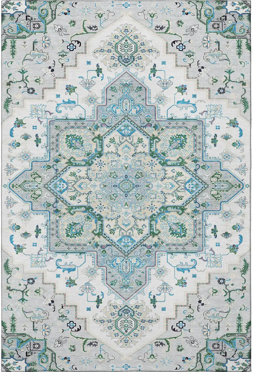 Silver Blue And Ivory Oriental Washable Area Rug With UV Protection Photo 3