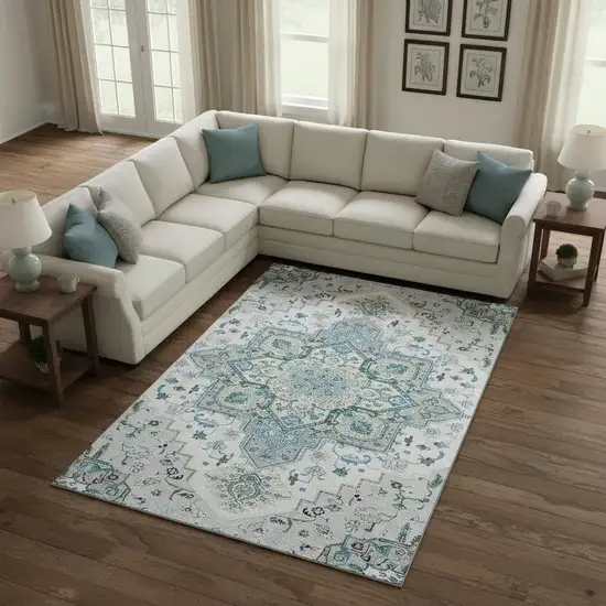 Silver Blue And Ivory Oriental Washable Area Rug With UV Protection Photo 2