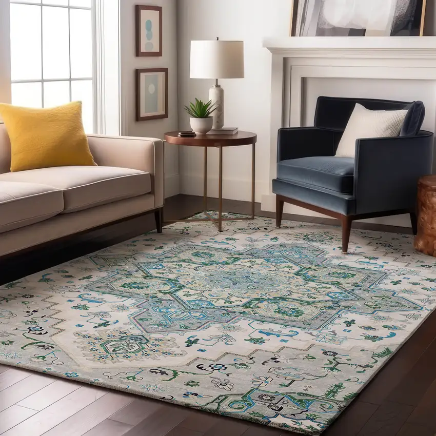 Silver Blue And Ivory Oriental Washable Area Rug With UV Protection Photo 4