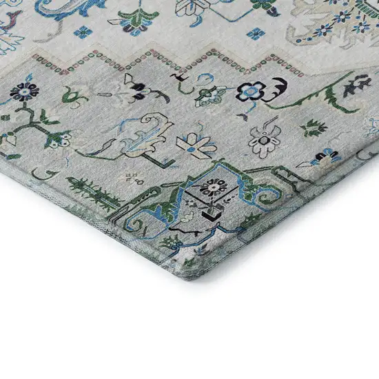 Silver Blue And Ivory Oriental Washable Area Rug With UV Protection Photo 7