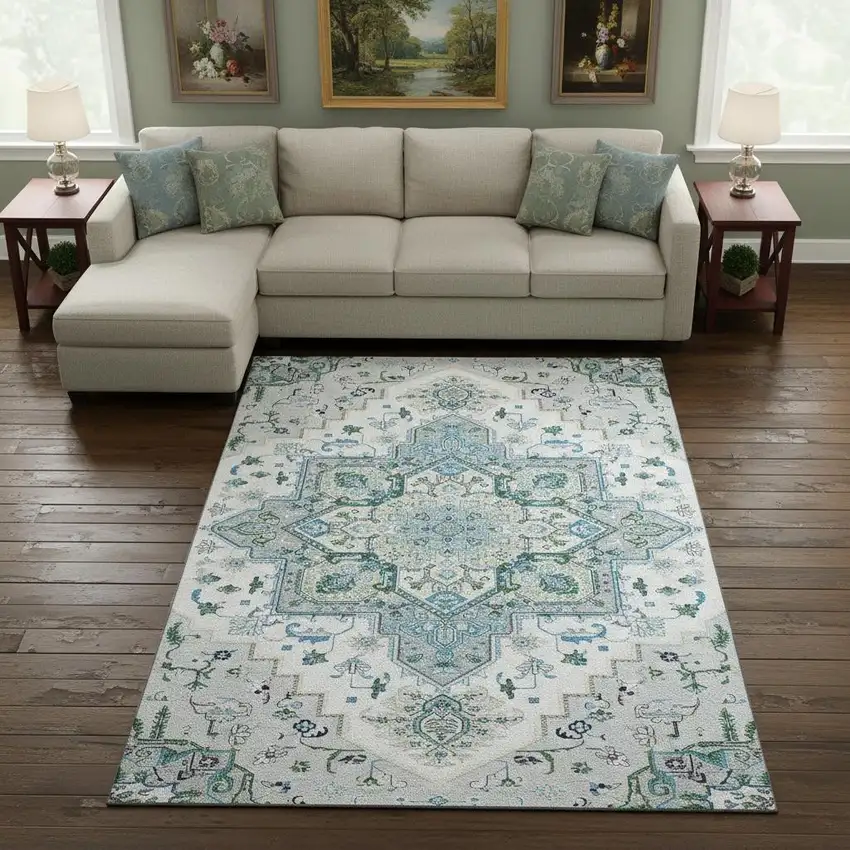 Silver Blue And Ivory Oriental Washable Area Rug With UV Protection Photo 2