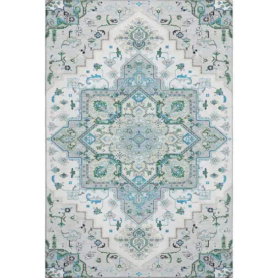 Silver Blue And Ivory Oriental Washable Area Rug With UV Protection Photo 1