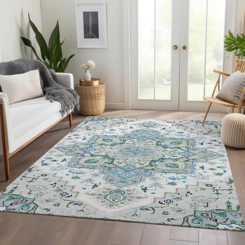Silver Blue And Ivory Oriental Washable Area Rug With UV Protection Photo 5