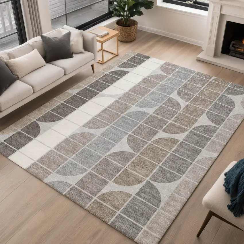 Silver Brown And Gray Geometric Washable Indoor Outdoor Area Rug Photo 5