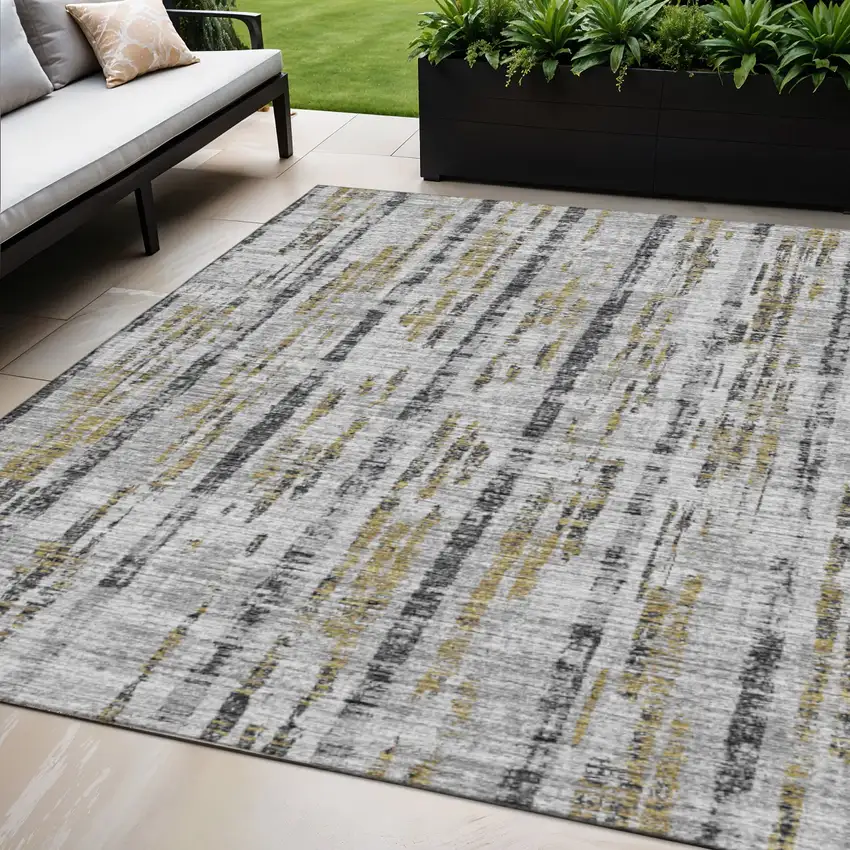 Silver Charcoal And Gold Abstract Washable Indoor Outdoor Area Rug Photo 2