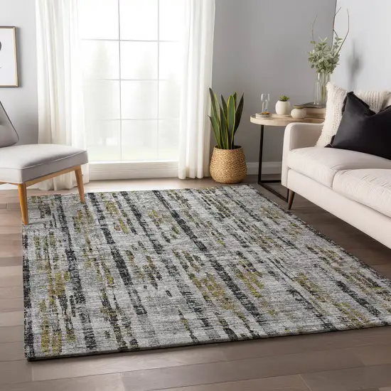Silver Charcoal And Gold Abstract Washable Indoor Outdoor Area Rug Photo 4