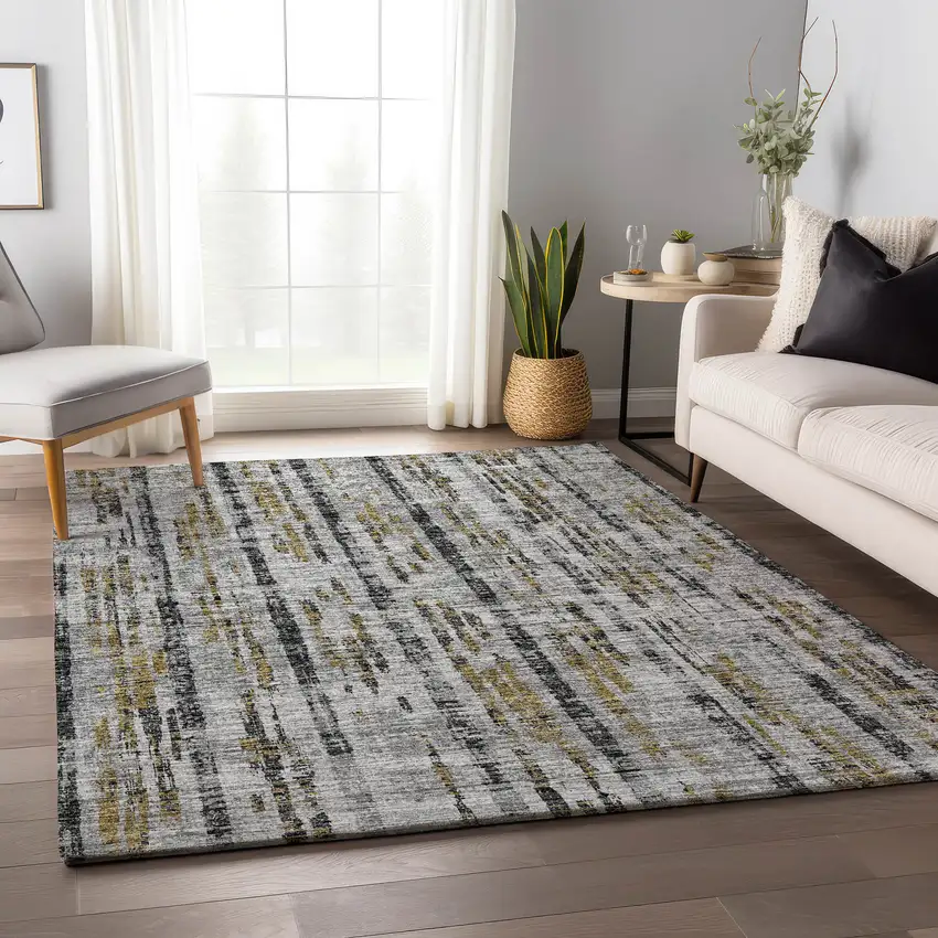 Silver Charcoal And Gold Abstract Washable Indoor Outdoor Area Rug Photo 4