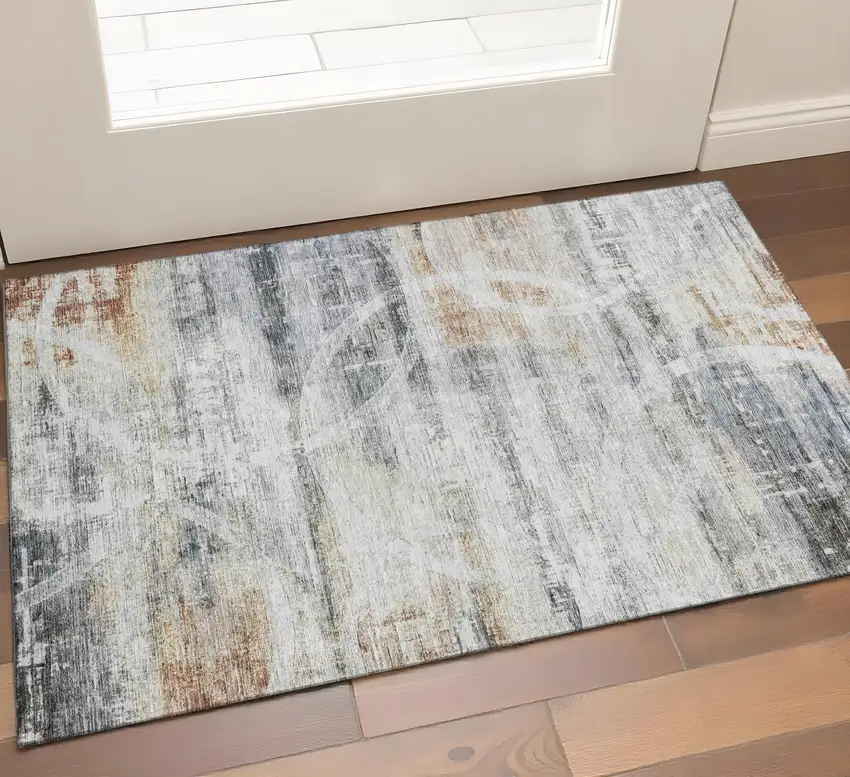 Silver Copper And Gray Geometric Washable Area Rug With UV Protection Photo 1