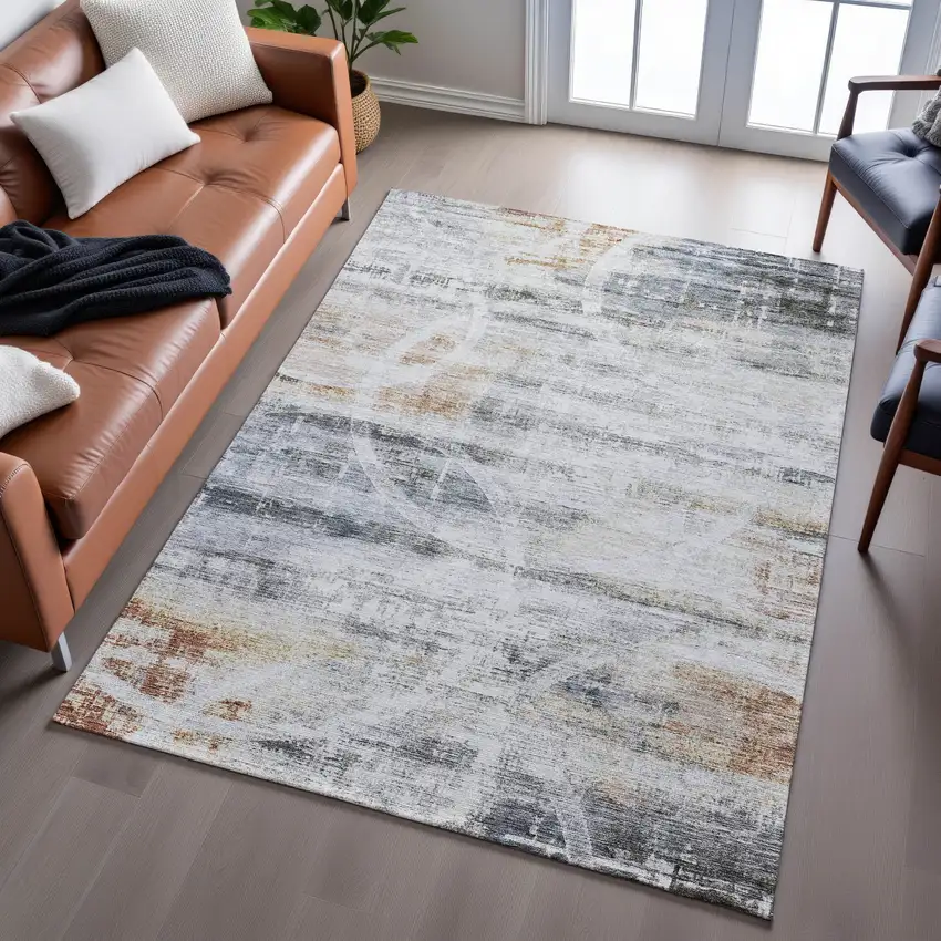 Silver Copper And Gray Geometric Washable Area Rug With UV Protection Photo 5