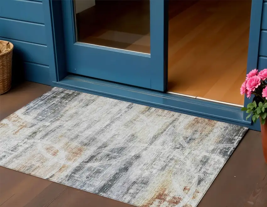 Silver Copper And Ivory Geometric Washable Indoor Outdoor Area Rug Photo 1
