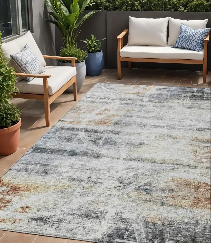 Silver Copper And Ivory Geometric Washable Indoor Outdoor Area Rug Photo 1