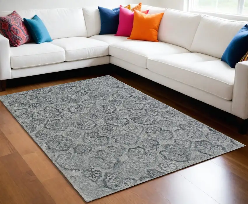 Silver Floral Hand Tufted Non Skid Area Rug Photo 1