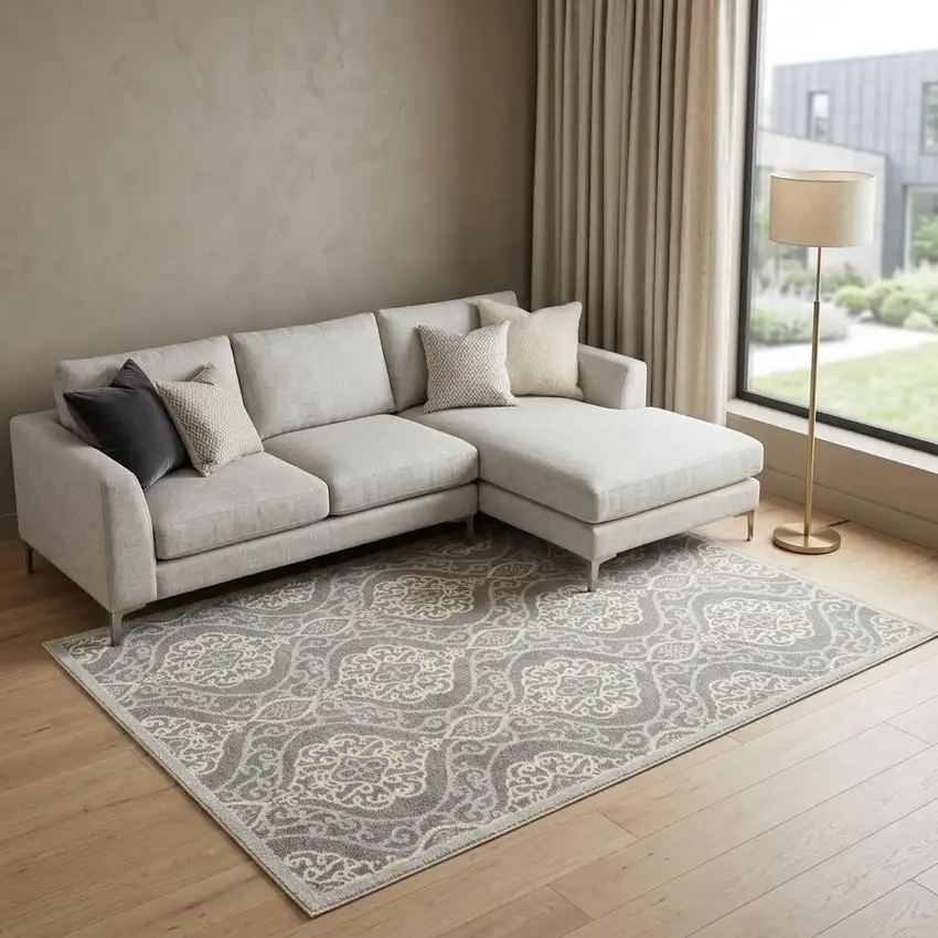 7' X 11' Silver Geometric Mosaic Uv Treated Indoor Area Rug Photo 1