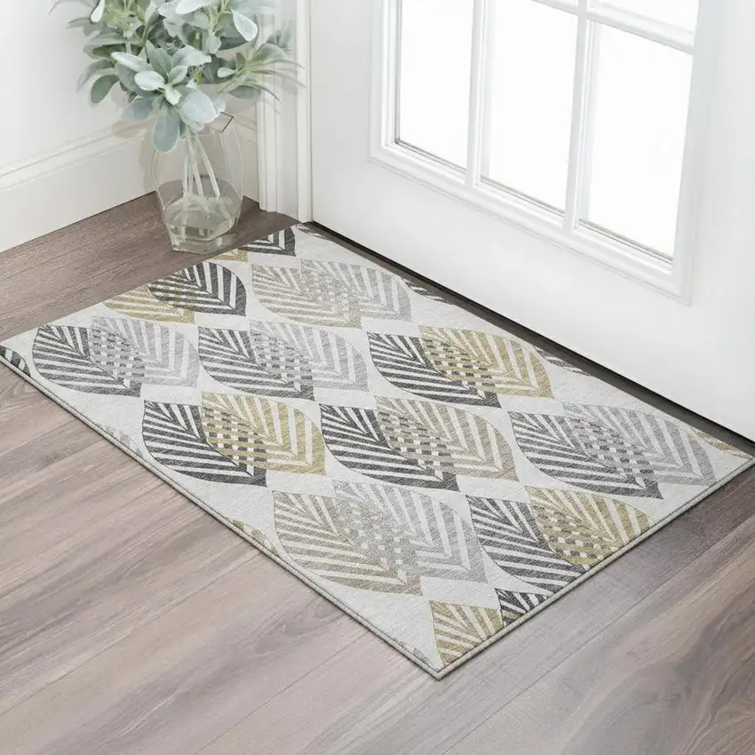 Silver Gold And Gray Floral Washable Area Rug With UV Protection Photo 2