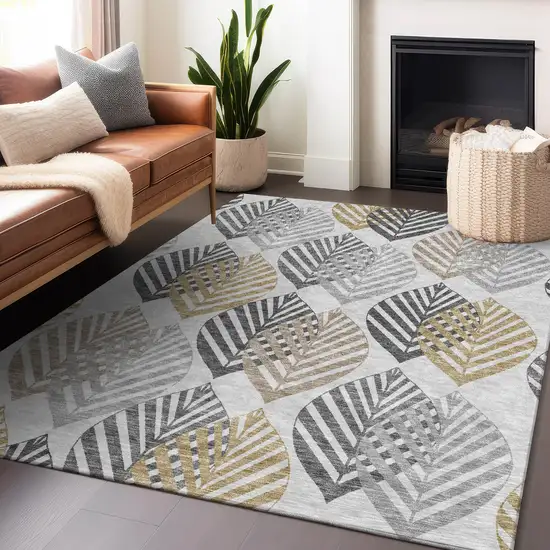 Silver Gold And Gray Floral Washable Area Rug With UV Protection Photo 5