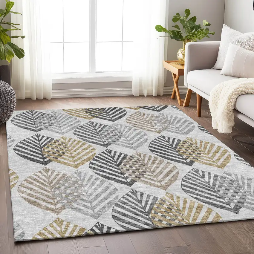 Silver Gold And Gray Floral Washable Area Rug With UV Protection Photo 4