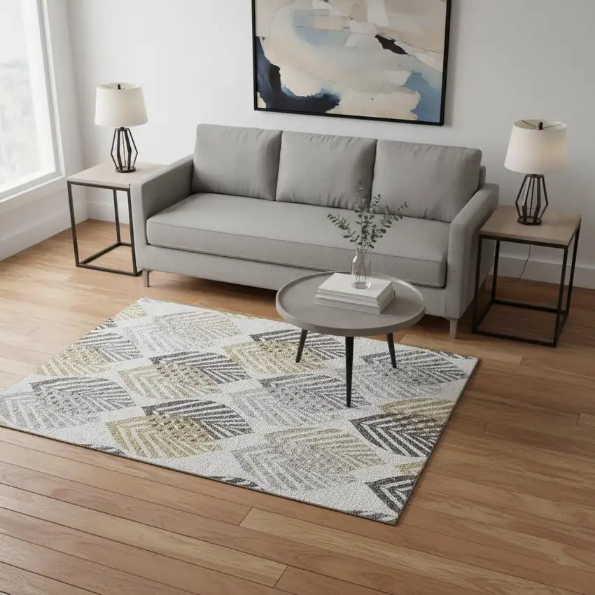 Silver Gold And Gray Floral Washable Area Rug With UV Protection Photo 2