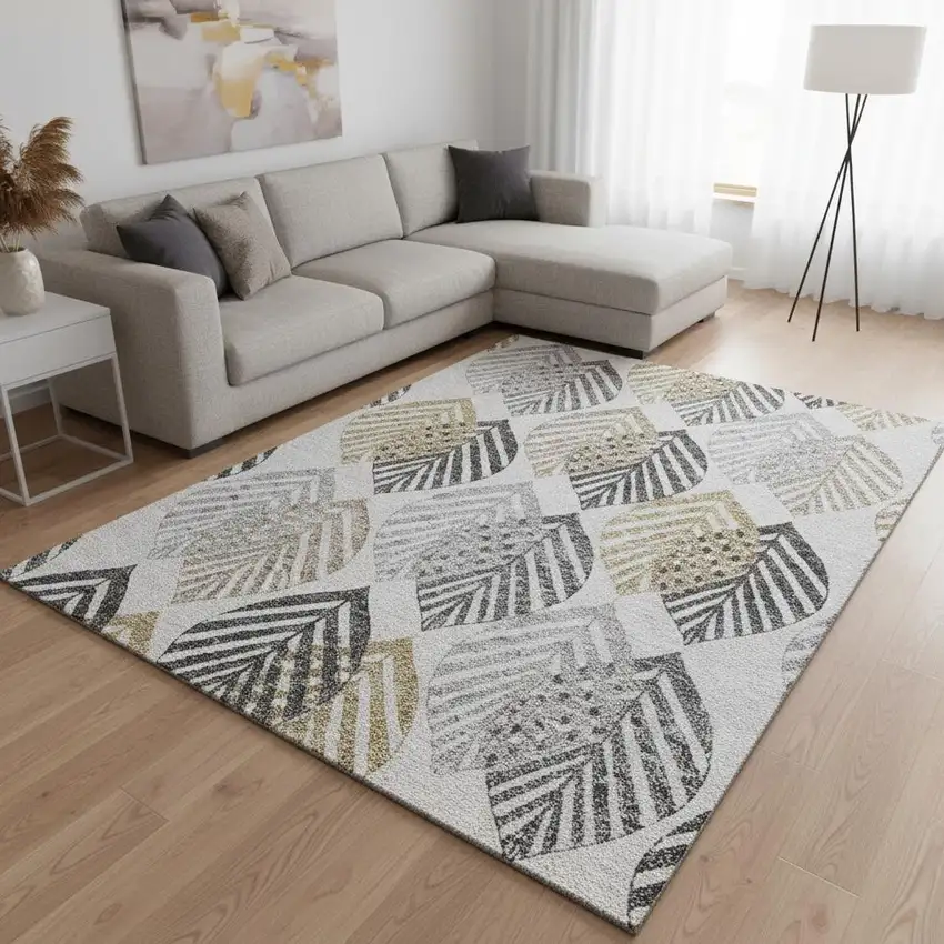 Silver Gold And Gray Floral Washable Area Rug With UV Protection Photo 2