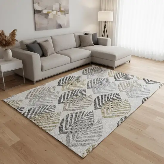 Silver Gold And Gray Floral Washable Area Rug With UV Protection Photo 2