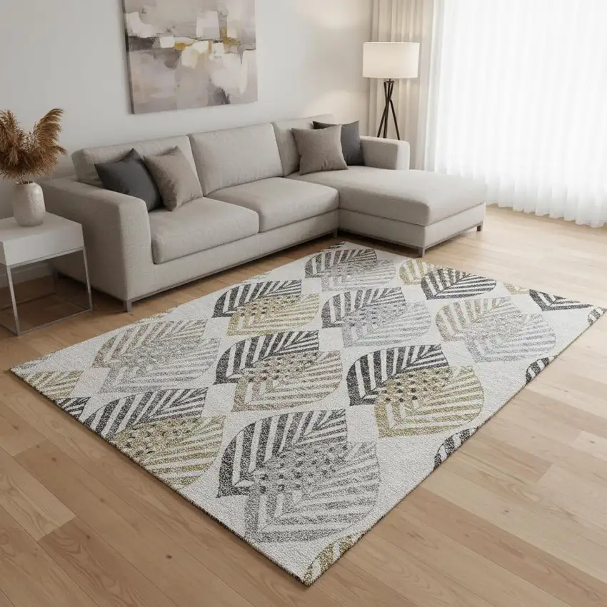 Silver Gold And Gray Floral Washable Area Rug With UV Protection Photo 2