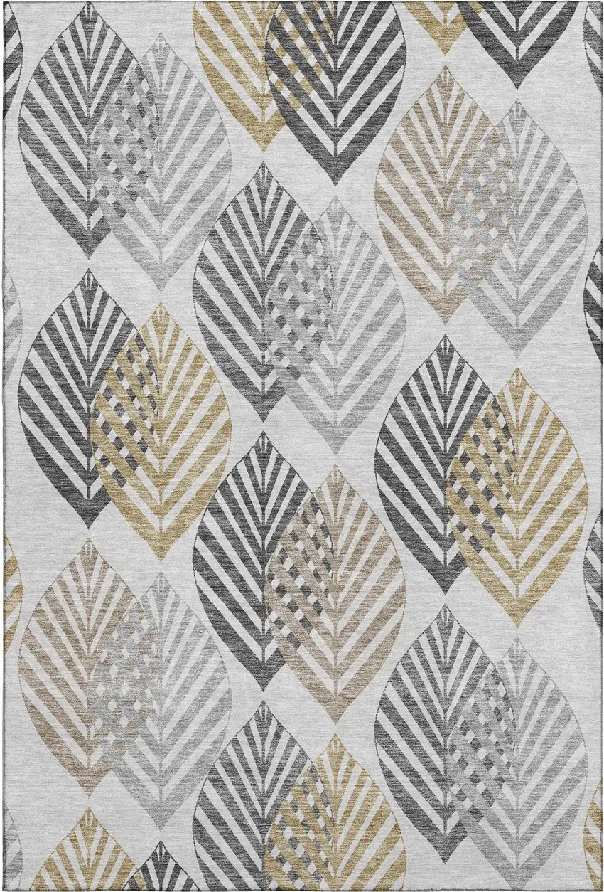 Silver Gold And Gray Floral Washable Area Rug With UV Protection Photo 1