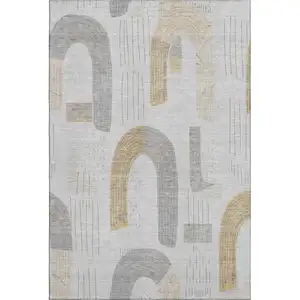 Photo of Silver Gold And Gray Geometric Washable Area Rug With UV Protection