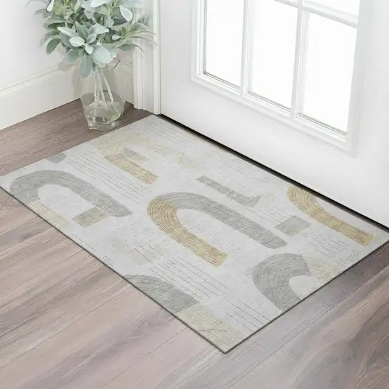 Silver Gold And Gray Geometric Washable Area Rug With UV Protection Photo 2