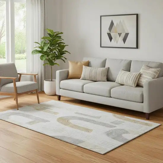 Silver Gold And Gray Geometric Washable Area Rug With UV Protection Photo 2