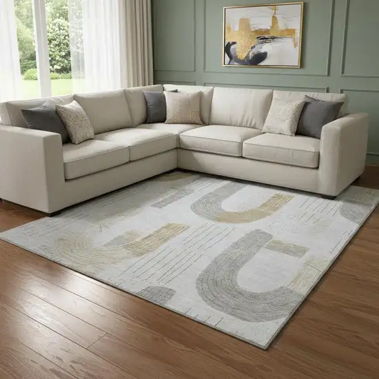 Silver Gold And Gray Geometric Washable Area Rug With UV Protection Photo 2