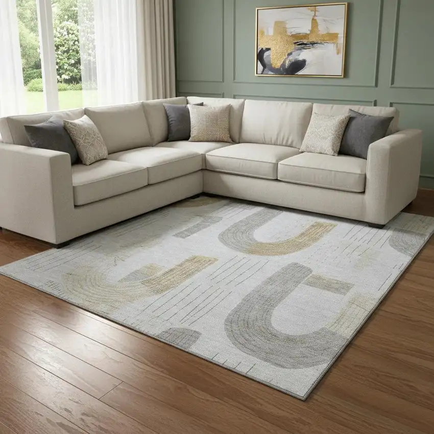 Silver Gold And Gray Geometric Washable Area Rug With UV Protection Photo 2