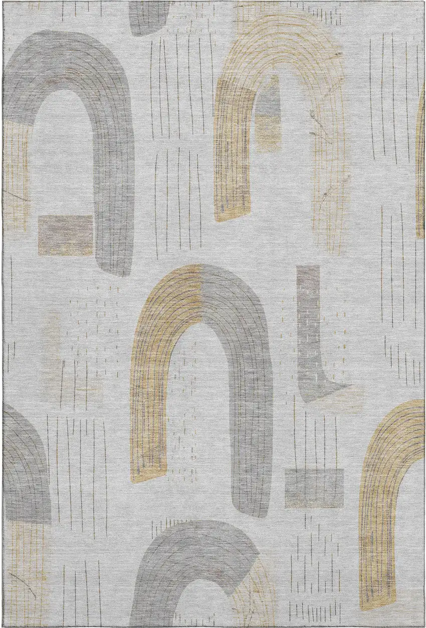 Silver Gold And Gray Geometric Washable Area Rug With UV Protection Photo 1