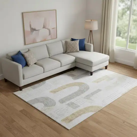 Silver Gold And Gray Geometric Washable Area Rug With UV Protection Photo 2