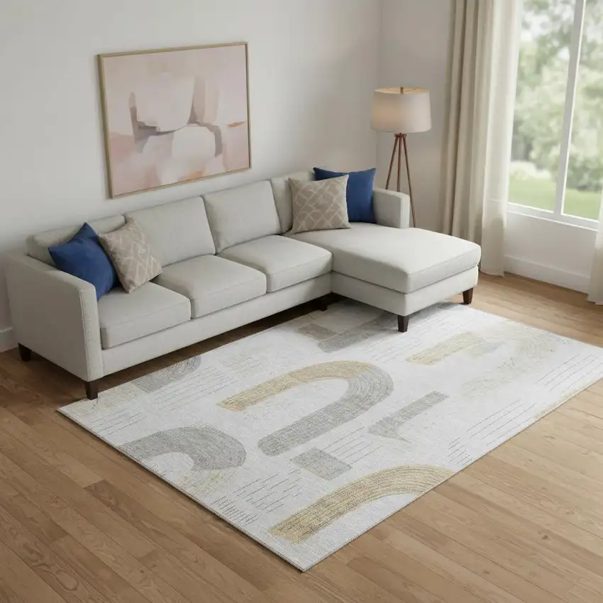 Silver Gold And Gray Geometric Washable Area Rug With UV Protection Photo 2