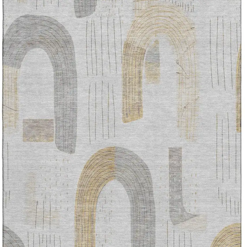 Silver Gold And Gray Geometric Washable Area Rug With UV Protection Photo 3