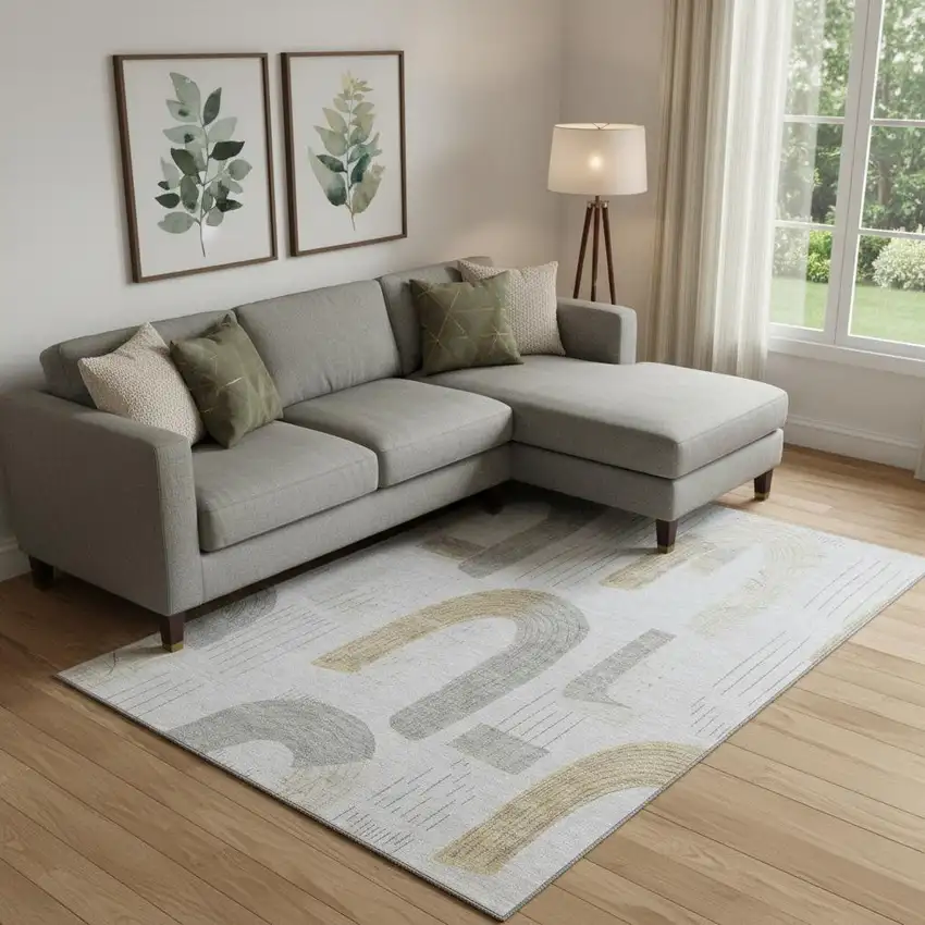 Silver Gold And Gray Geometric Washable Area Rug With UV Protection Photo 2