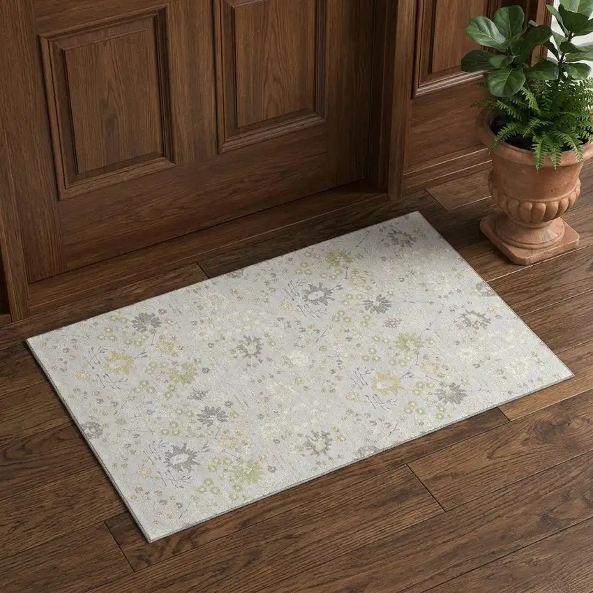 Silver Gold And Gray Oriental Washable Area Rug With UV Protection Photo 1