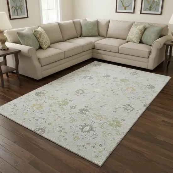 Silver Gold And Gray Oriental Washable Area Rug With UV Protection Photo 2