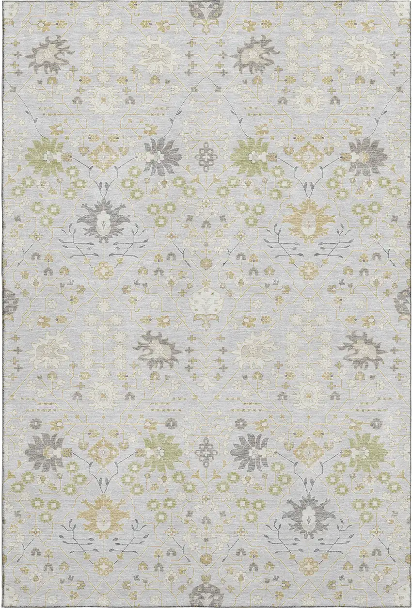Silver Gold And Gray Oriental Washable Area Rug With UV Protection Photo 1