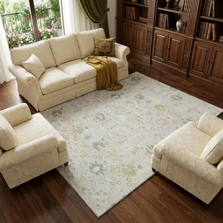 Silver Gold And Gray Oriental Washable Area Rug With UV Protection Photo 1